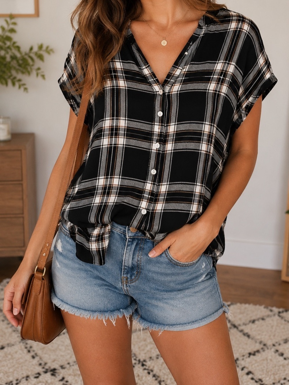 American Eagle Black and White Plaid Flowy Button Down Blouse Size Extra Small